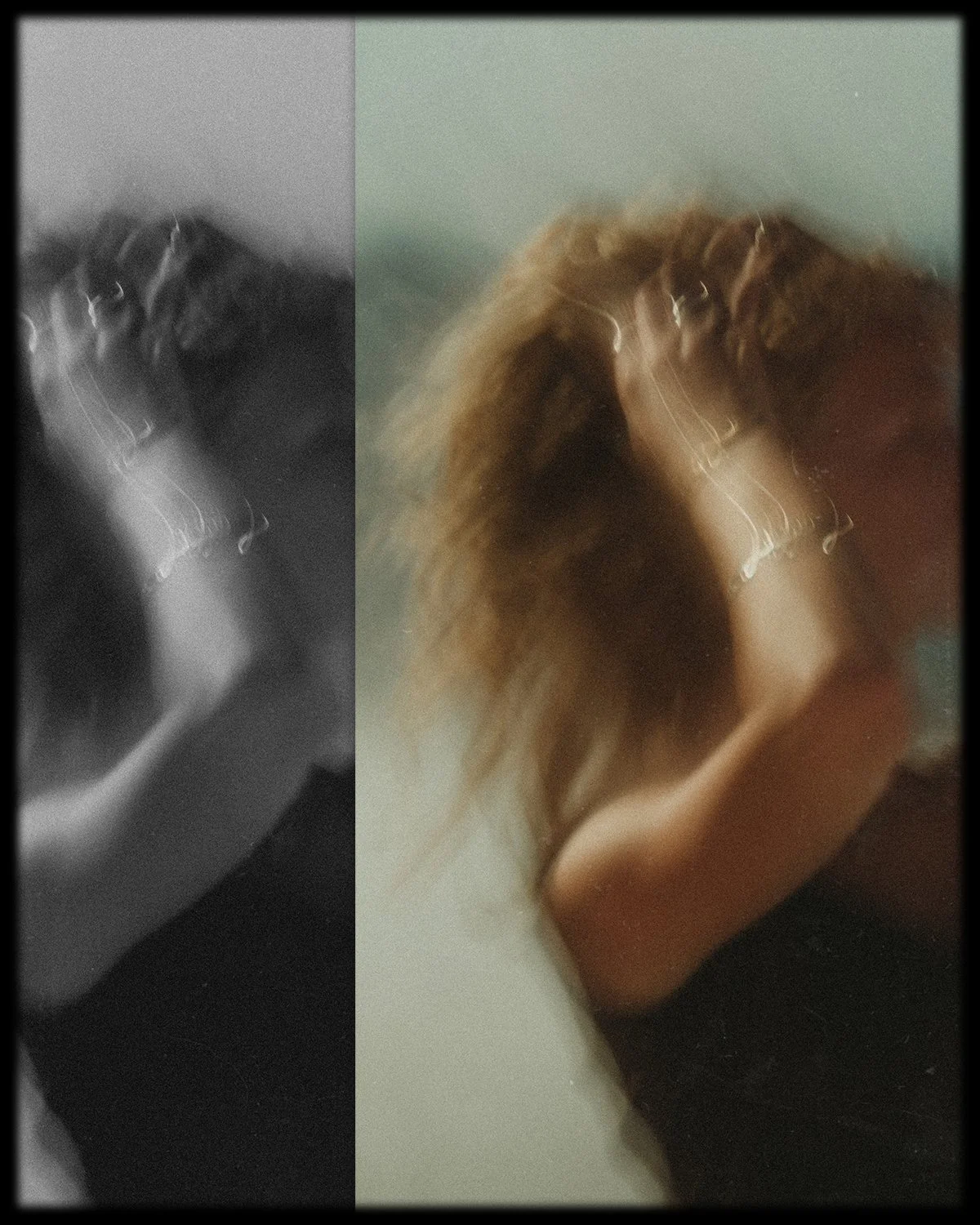 A side-by-side comparison of a woman with long hair and a wristwatch on her left hand, shown in a blurry, abstract style with one side in black and white and the other in color.