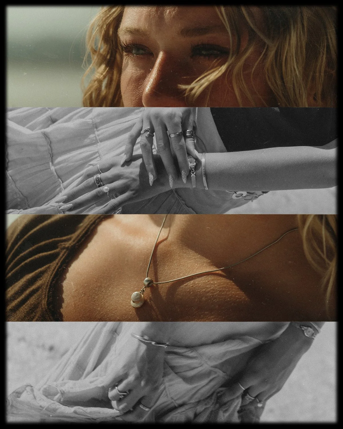 A woman wearing jewelry, including rings and a necklace, in close-up, with her hands resting on a surface, shown in both color and black-and-white sections