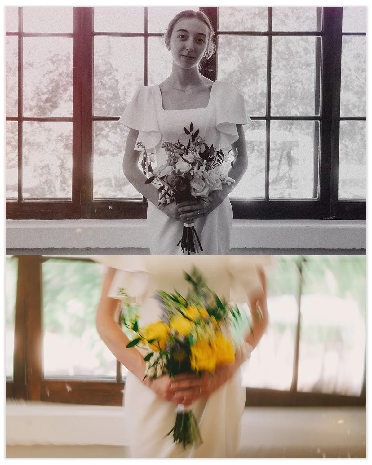 Top: Woman in white dress holding a bouquet of flowers in front of a window. Bottom: Woman in white dress holding a bouquet of yellow flowers in a sunlit room.