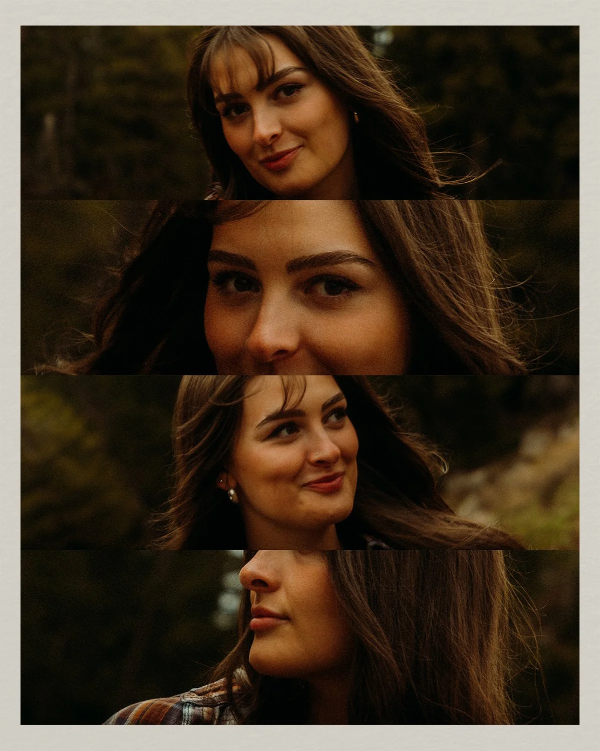 A collage of four images of a woman with long brown hair outdoors in a natural setting during sunset, showing different facial expressions.
