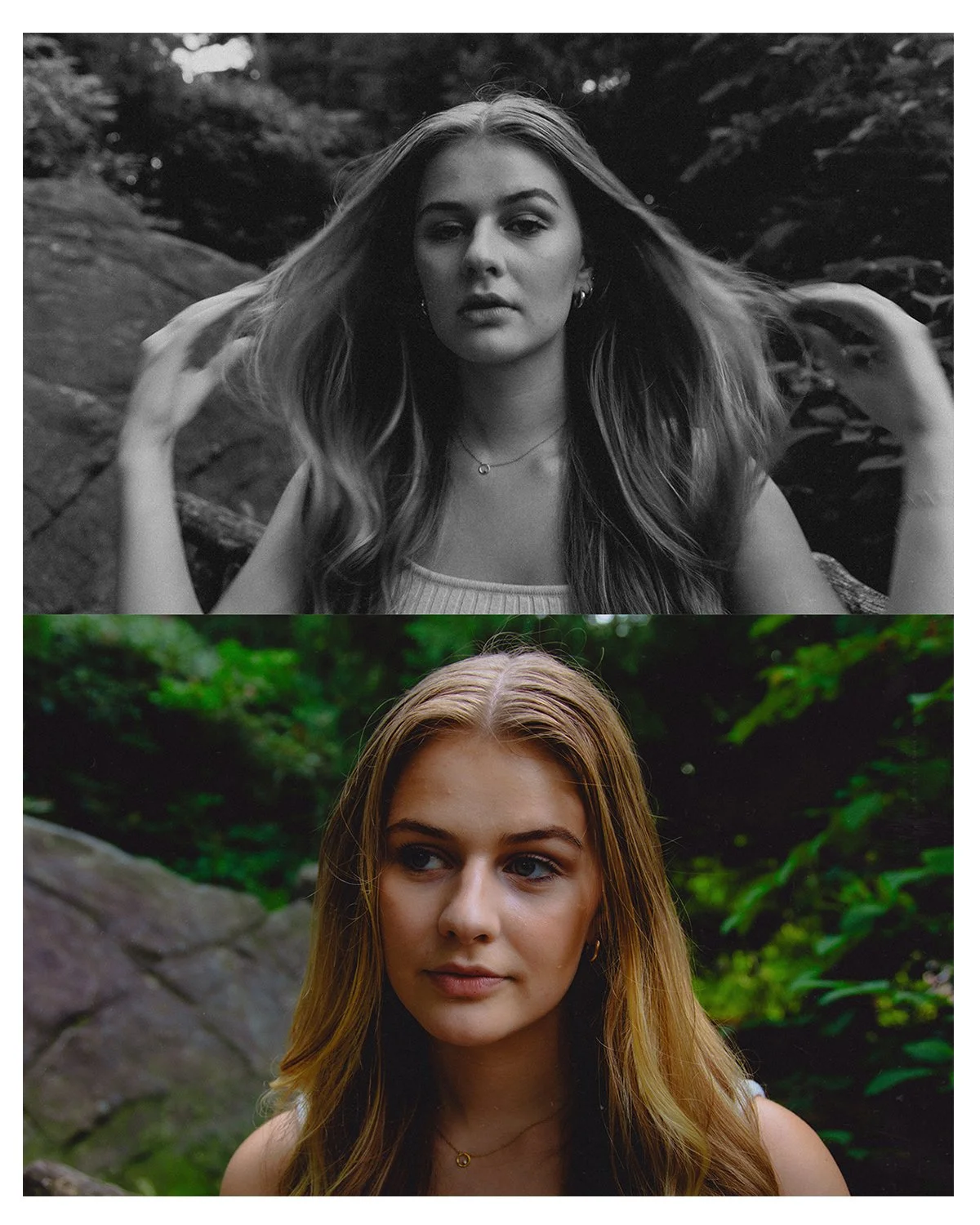 Comparison of two portraits of a young woman with long hair, one in black and white with natural outdoor background, and one in color with lush green foliage background.