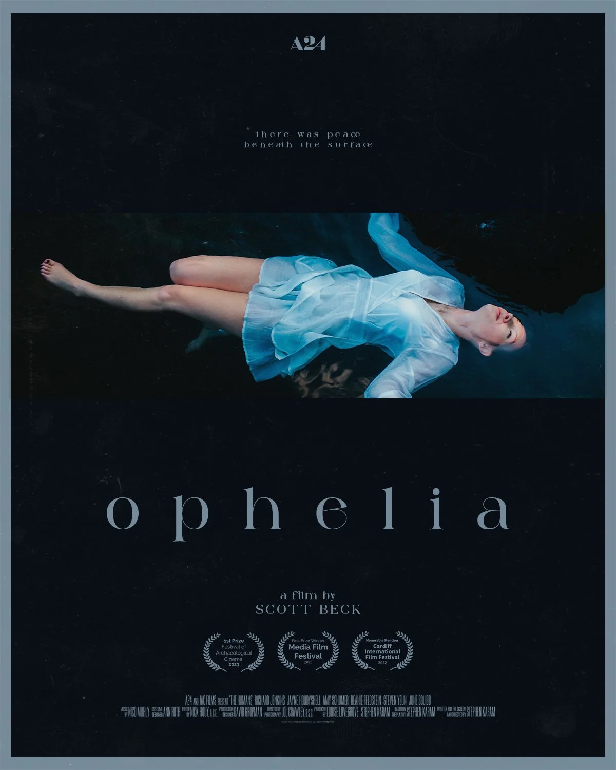 A woman in a white dress lying on her back on a dark surface, with her eyes closed and arms outstretched, beneath a black structure with text that reads, 'there was peace beneath the surface' and film details.