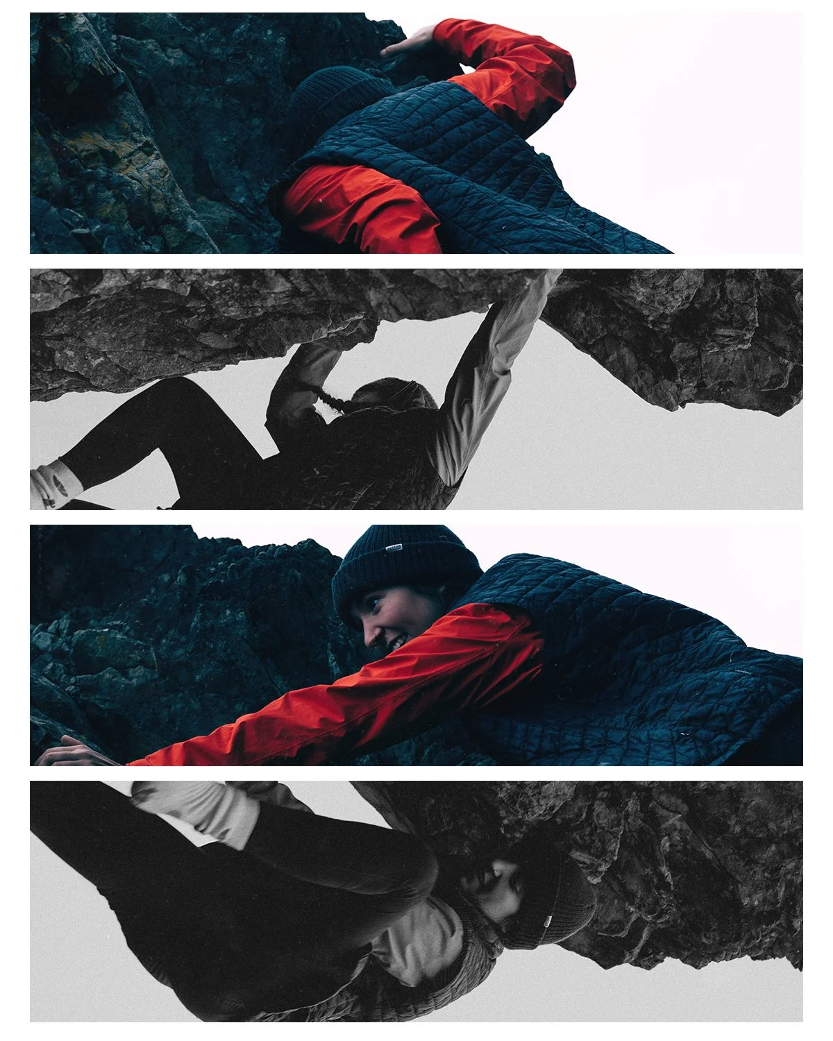 A woman climbing rocks in a mountainous area, wearing a black beanie, red jacket, and black vest.