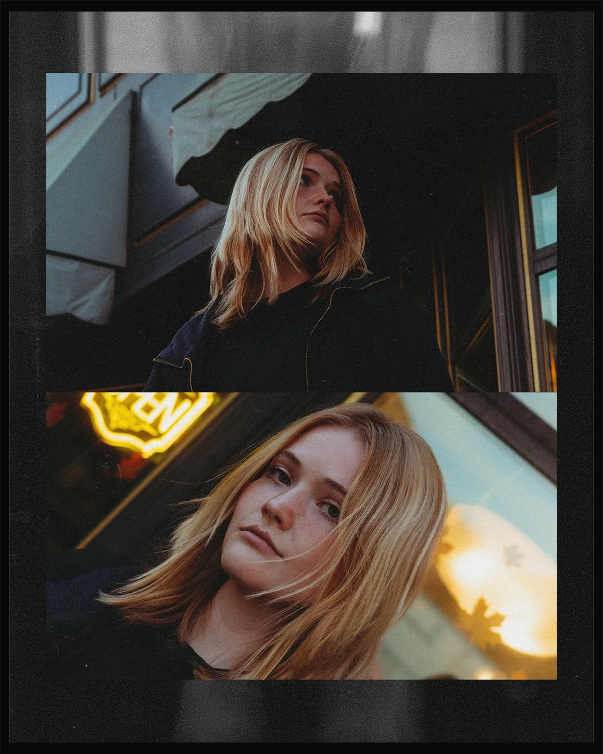 A diptych of two portraits of a young blonde woman with straight hair, taken in an urban setting with neon signs and city lights during sunset or evening. She has a contemplative expression and is wearing dark clothing.