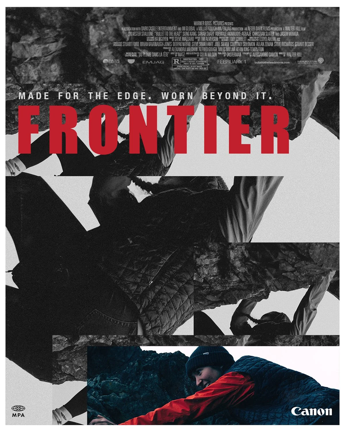 Close-up of a person in outdoor winter gear, including a red jacket and black hat, in a mountain landscape, with the word 'FRONTIER' in large red letters and the tagline 'Made for the edge. Worn beyond it.' at the top.