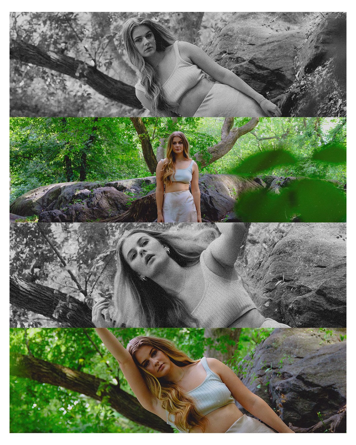 A collage of four photos of a young woman in a wooded outdoor setting, with the photos arranged vertically. The top and third photos are in black and white, and the second and bottom photos are in color. The woman has long hair and is wearing a light