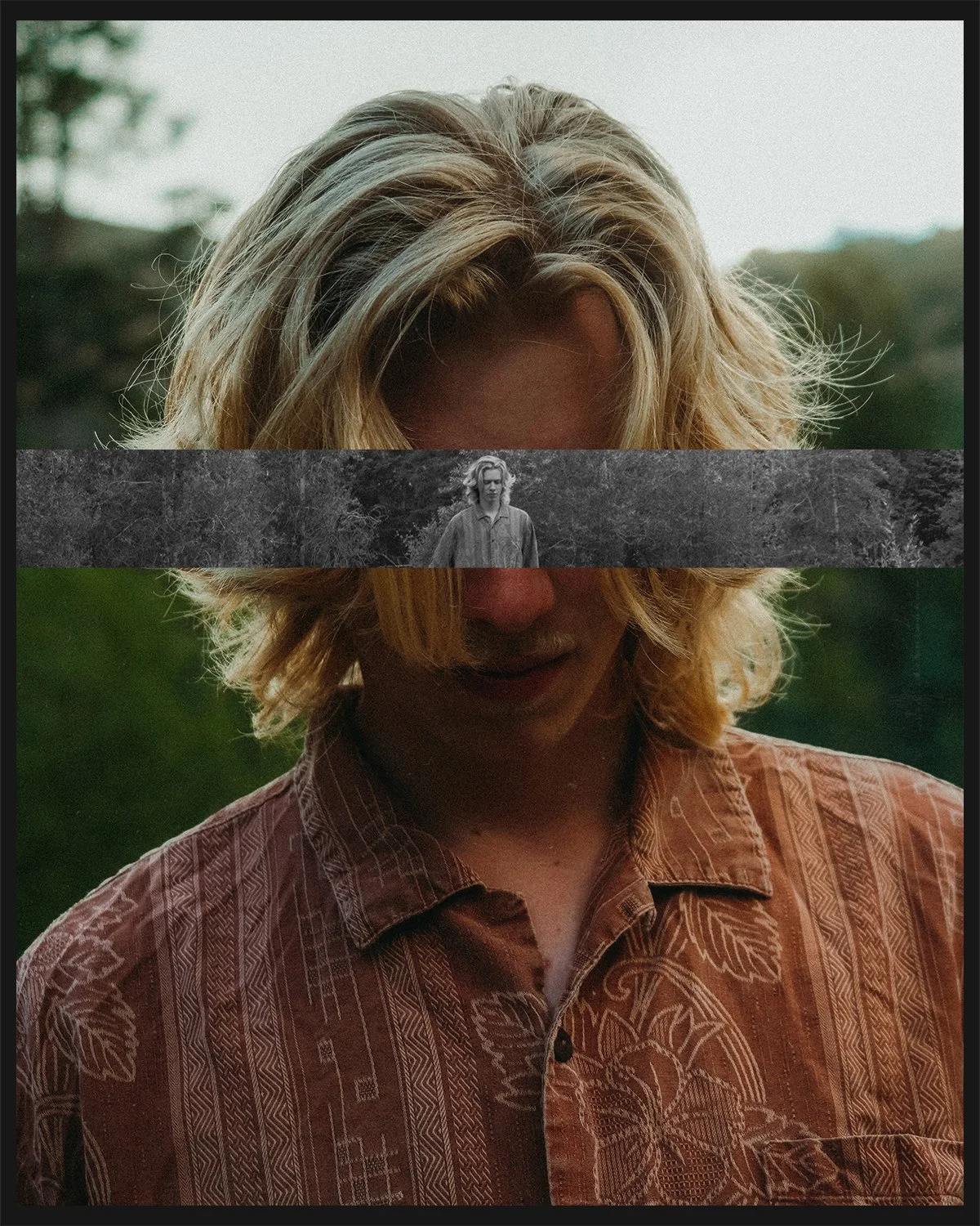 Close-up of a person with long, wavy blonde hair and a patterned shirt outdoors. An abstract horizontal strip with a black-and-white photo of a woman with shoulder-length hair is across the middle, overlapping the person's face.