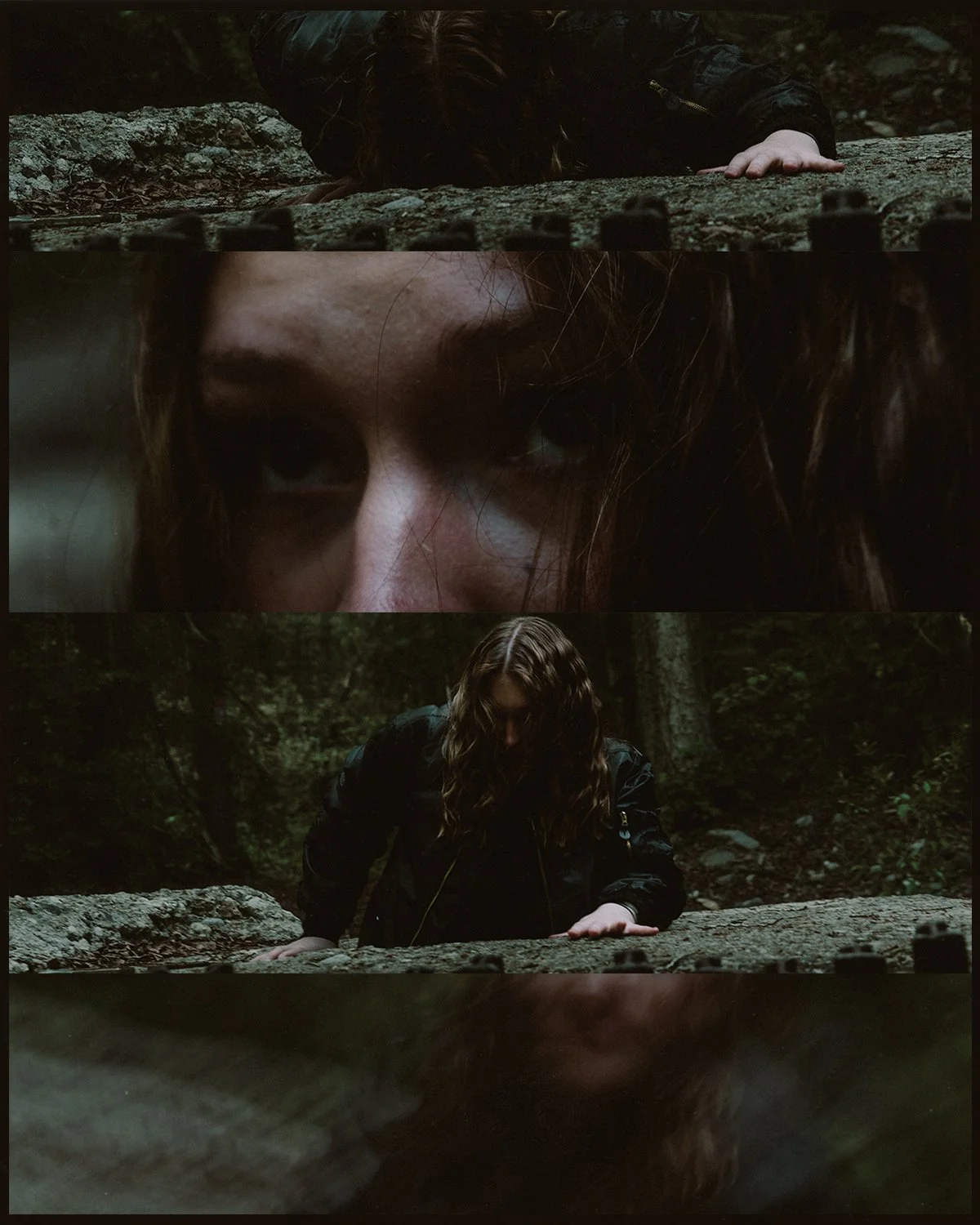 Collage of four images featuring a woman in a forest. The top image shows her crawling under a log, the second is a close-up of her eyes, the third shows her climbing a rocky surface, and the bottom image is a blurred view of her face reflected in wa