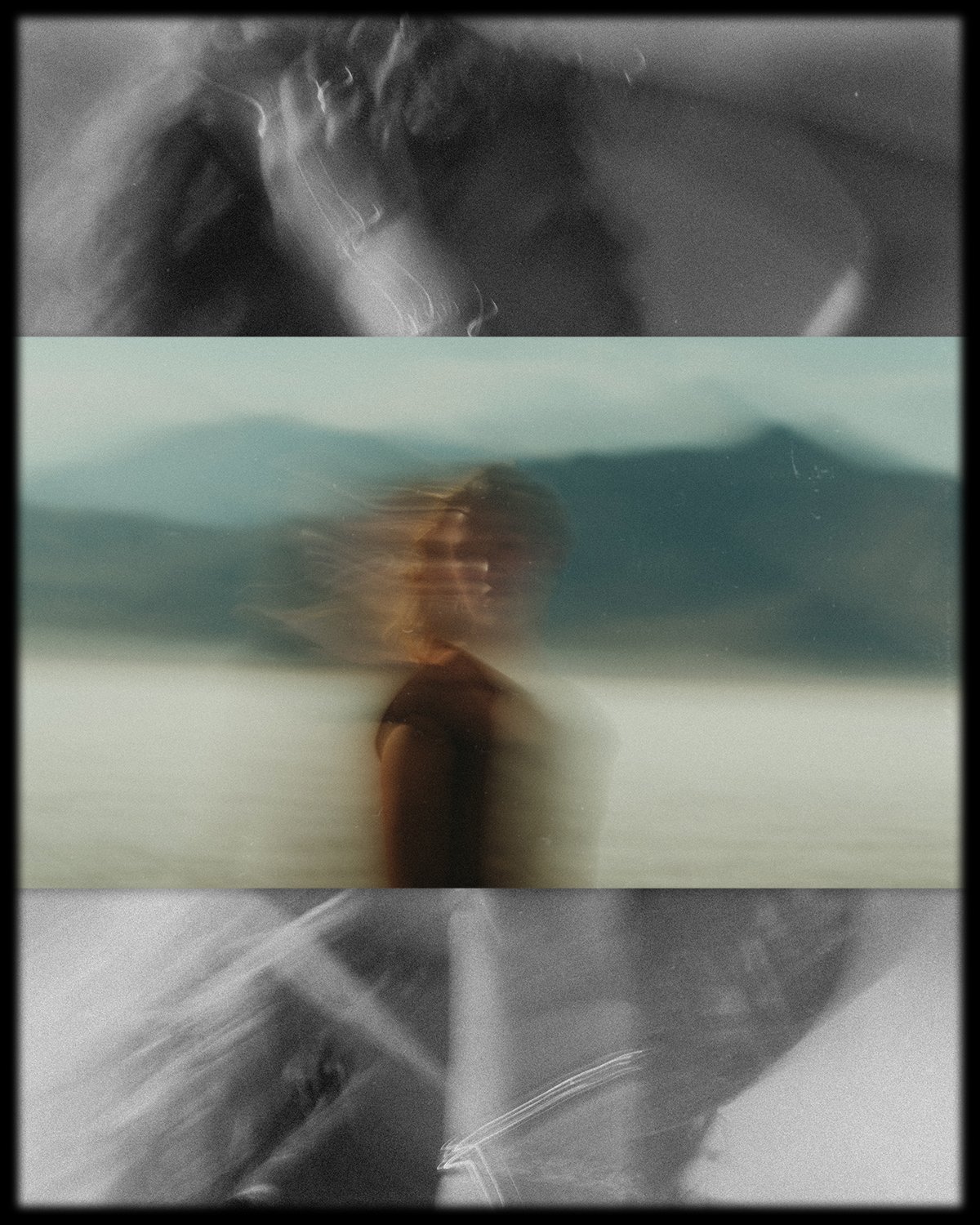 Blurred, artistic photo of a person near water, with mountains in the background, and an overlaid black-and-white image of a woman holding a camera.