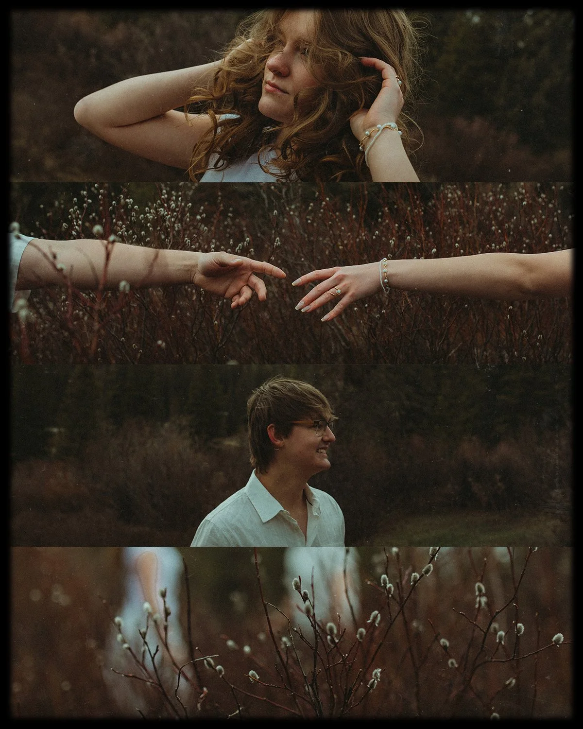 A collage of four images: a woman with curly hair and jewelry touching her head, two hands reaching towards each other among bushes, a young man smiling outdoors, and close-up branches with buds.
