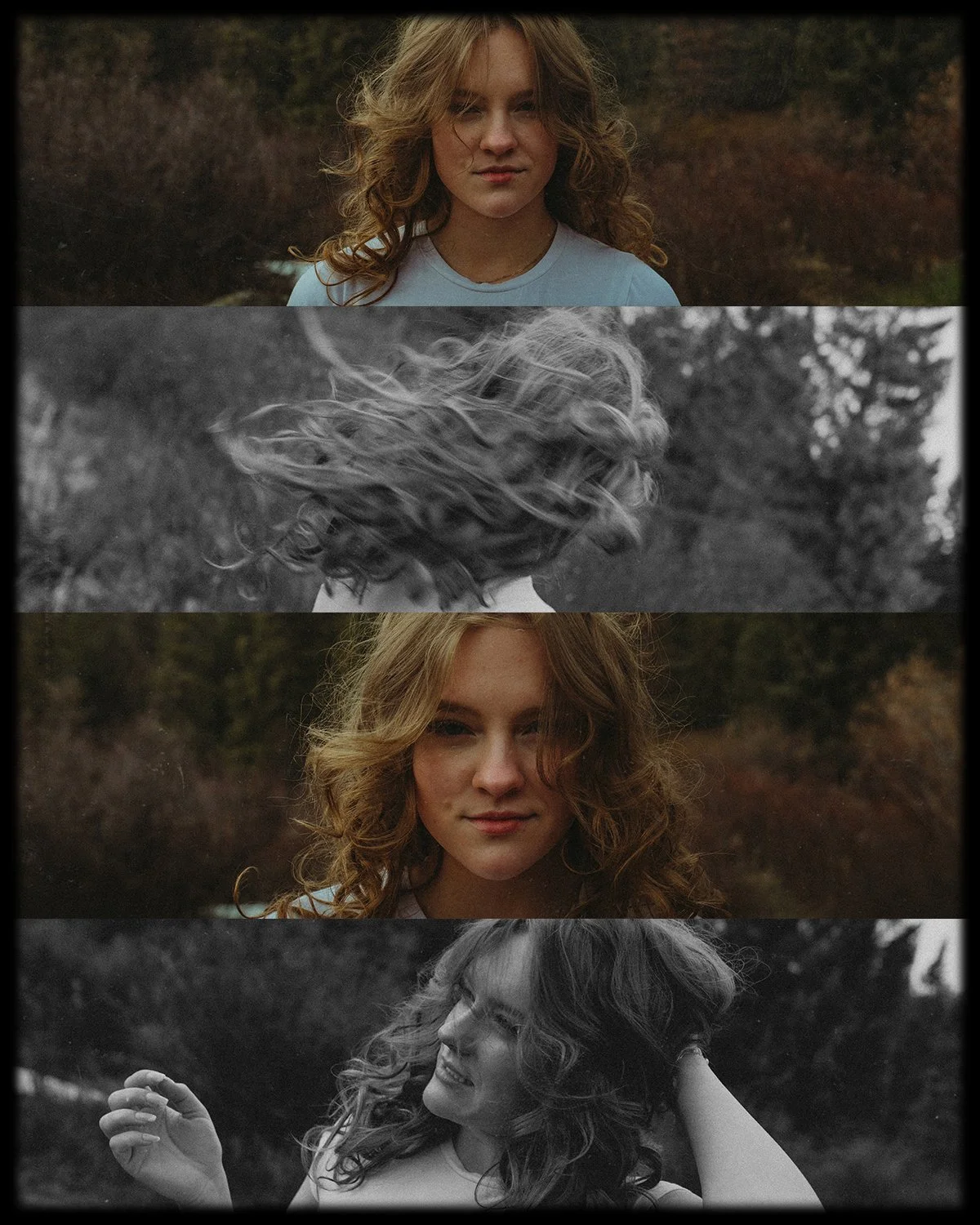 A four-panel collage featuring a woman with curly hair outdoors. The first and third panels are in color, showing her smiling gently at the camera, with autumn trees in the background. The second and bottom panels are in black and white, with the wom