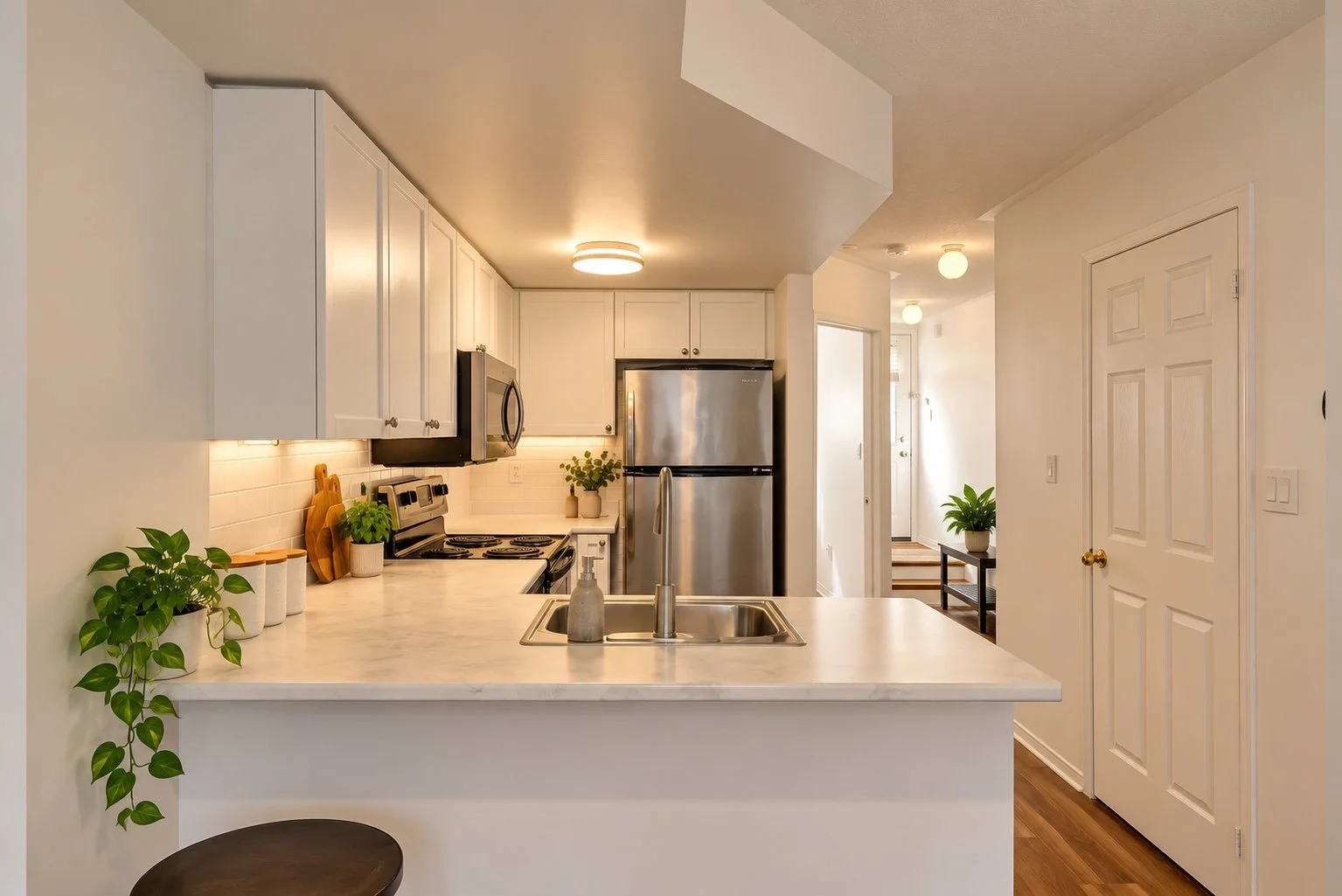 The Rebuild kitchen renovation with white shaker cabinets, a marble-look waterfall countertop, stainless steel appliances, and a view down the hallway to the entry