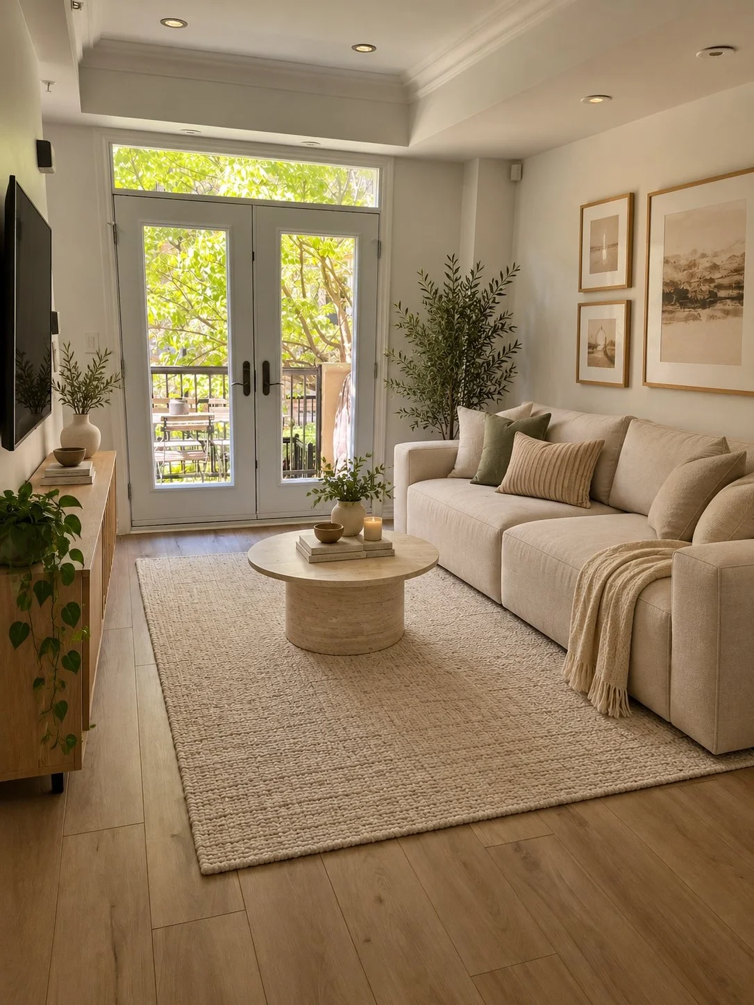 Staged living room with new luxury vinyl flooring, a beige sectional sofa, round travertine coffee table, and French doors opening to a balcony