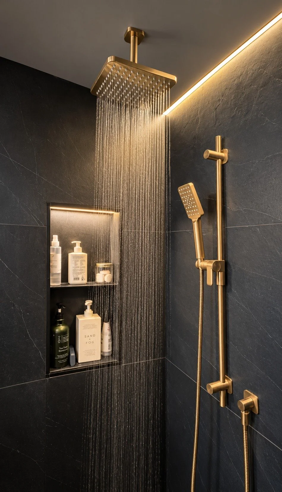 Brushed gold rain shower head running beside a handheld shower on a slide bar, with a two-shelf lit recessed niche and LED ceiling strip against charcoal stone-look tile, in the LUX NOIR bathroom renovation by Vogman Design + Build.