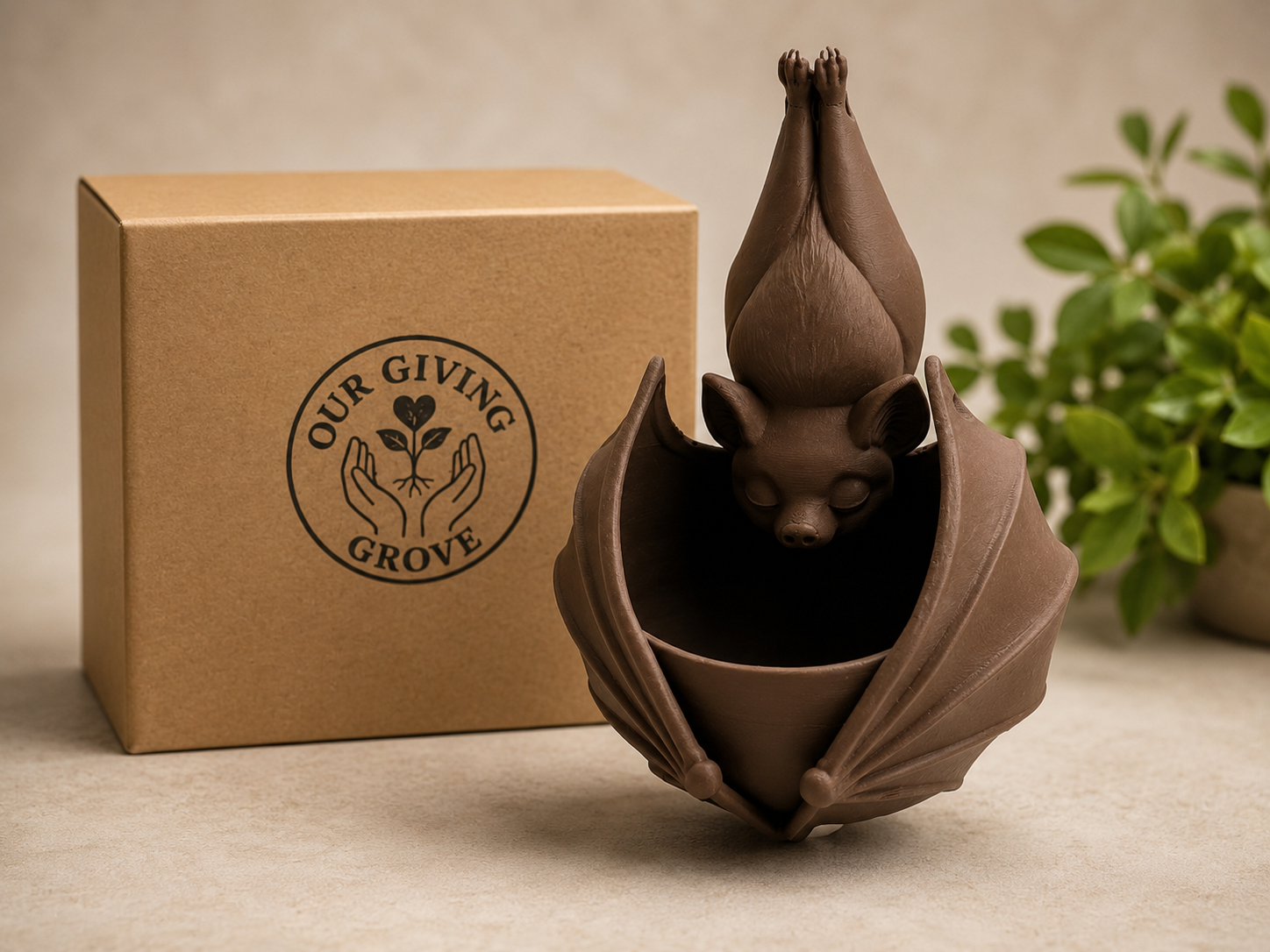 Hanging Bat Planter in matte black next to its kraft gift box stamped with the Our Giving Grove logo