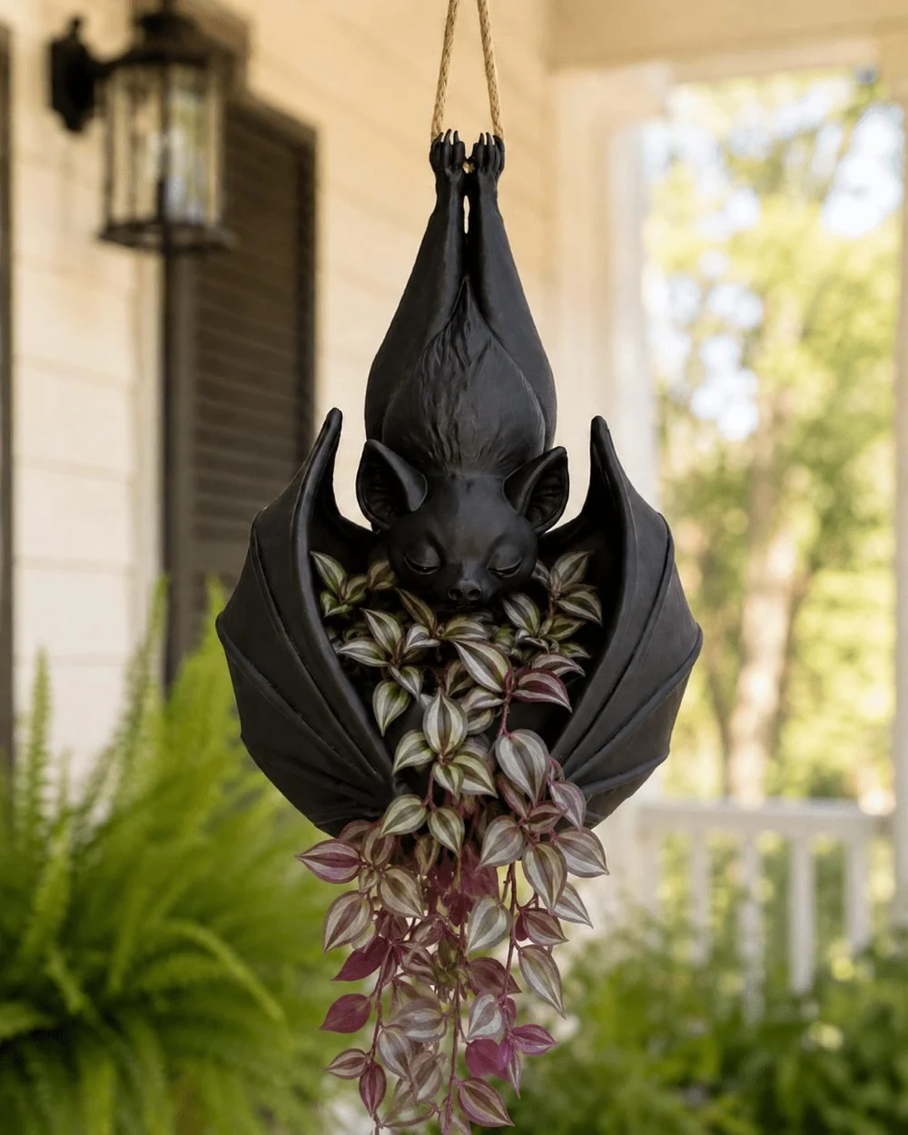 Hanging Bat Planter in matte black with a training plant, photographed on a porch