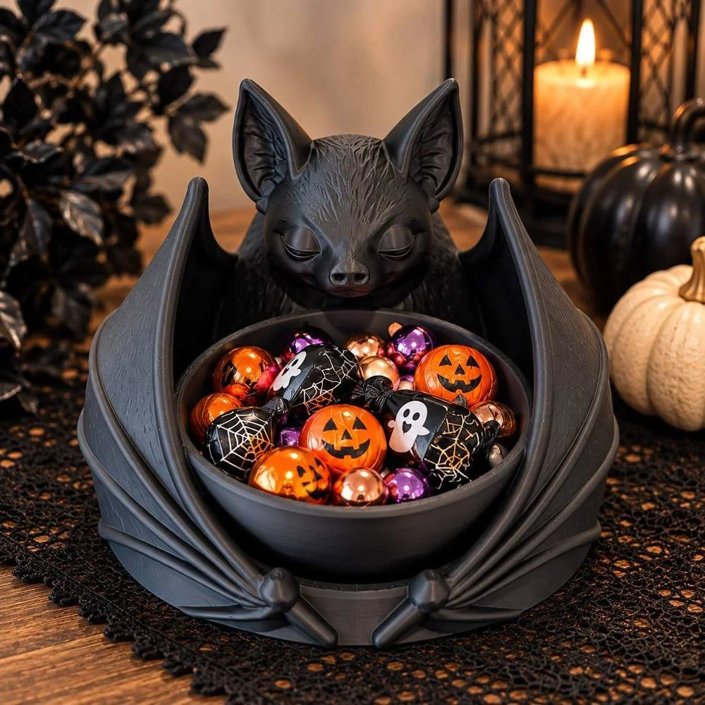 Sitting Bat Planter filled with Halloween candy on a dark table