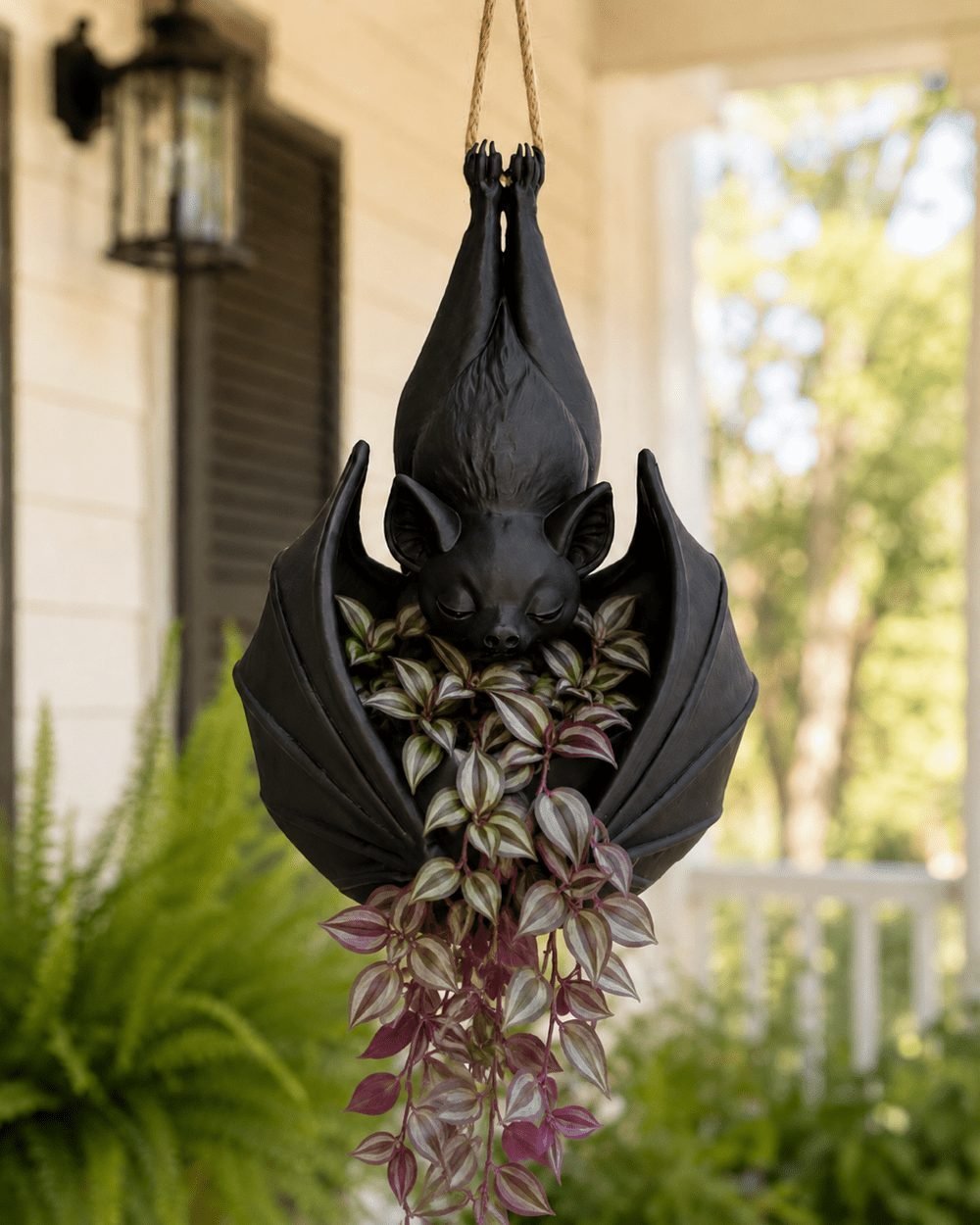 Hanging Bat Planter in matte black with a trailing plant, photographed on porch
