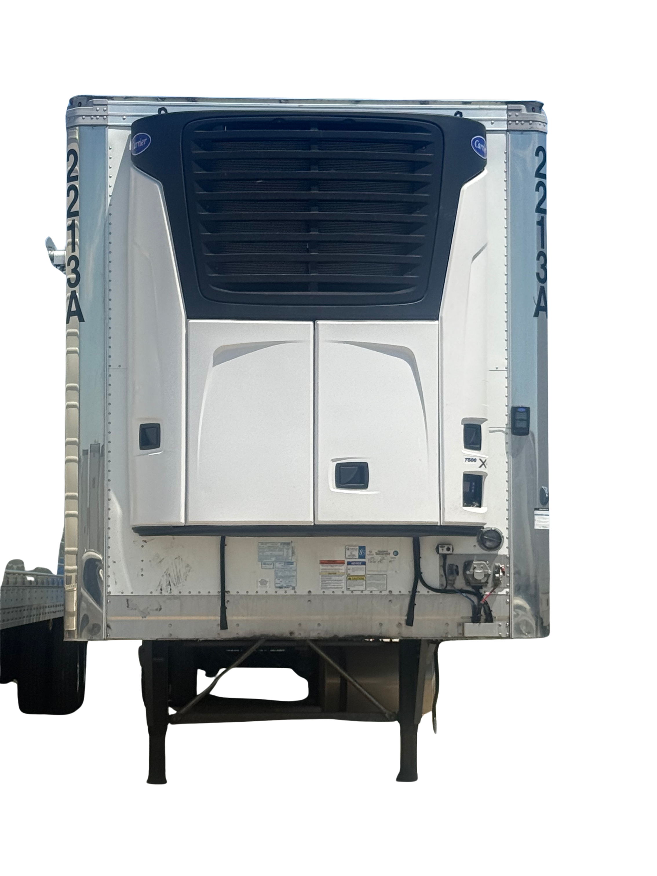 Rear view of a refrigerated truck with the refrigeration unit visible on the roof.