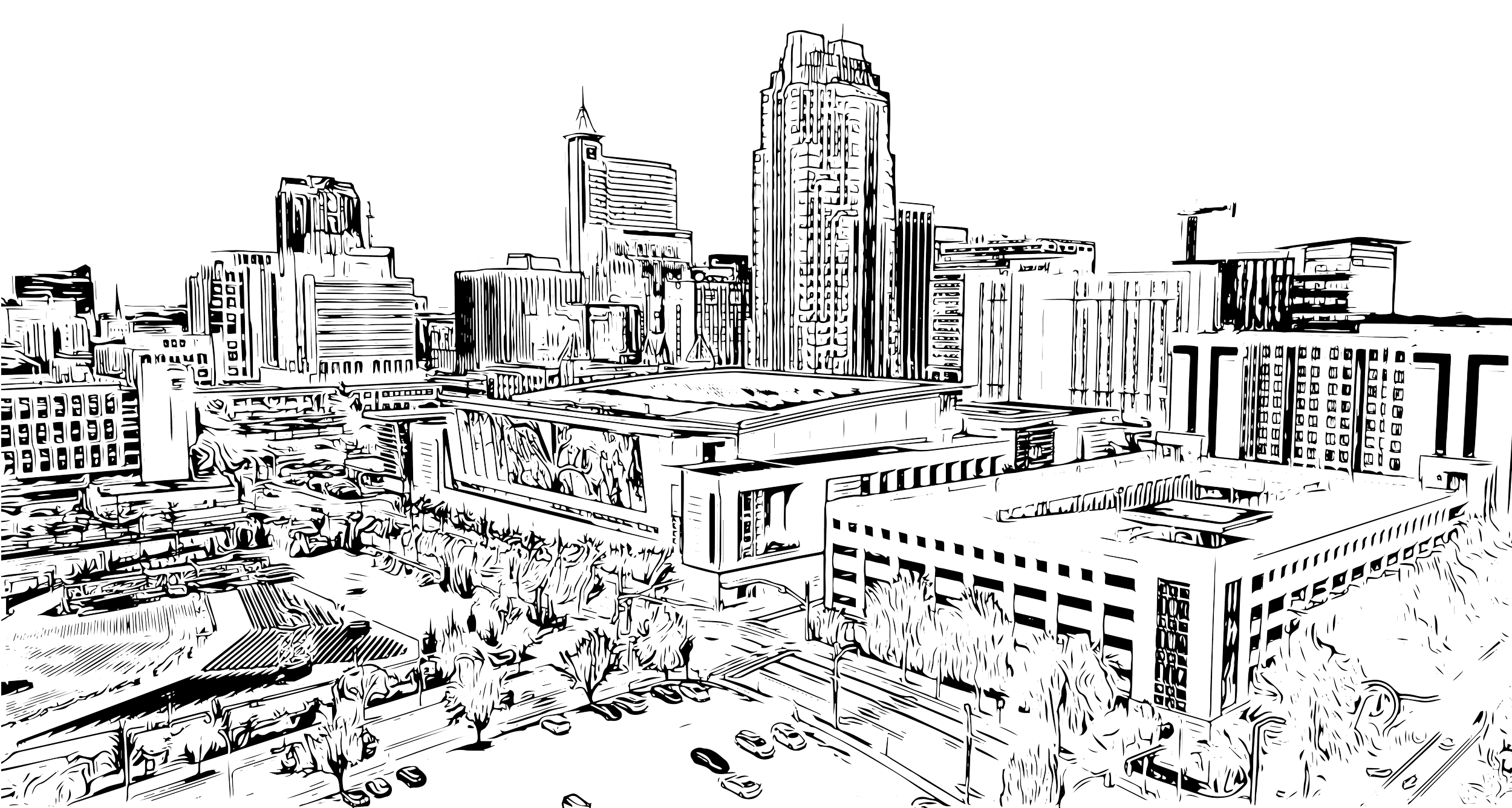 Outline sketch of a city skyline featuring tall skyscrapers, mid-rise buildings, and roads with parked cars.