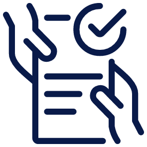 Icon of a person holding a piece of paper with a checkmark, representing approval or completed review.