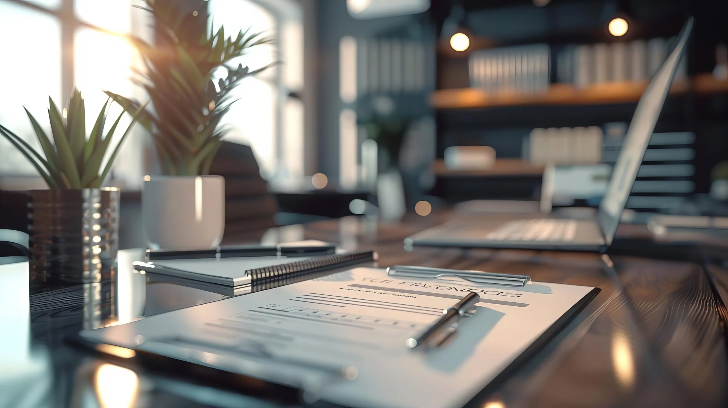 Office workspace with a desk, potted plants, a laptop, notebooks, a pen, and a printed business plan titled 'Tech Conference' in a room with natural sunlight.