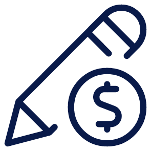Outline of a pencil, ruler, and a dollar sign in a circle