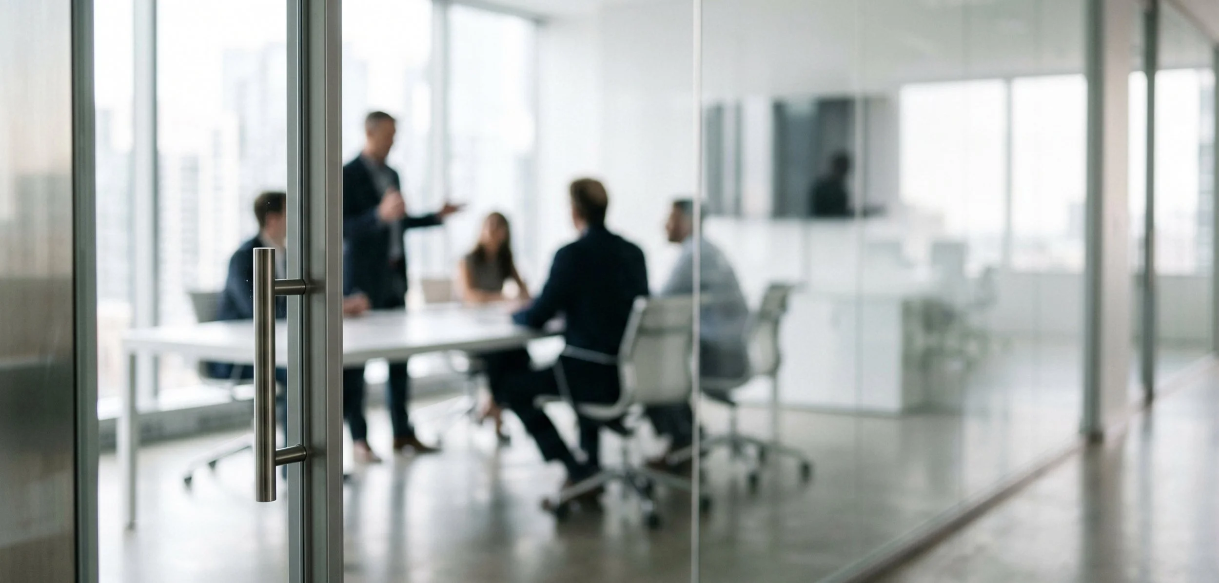 A blurred image of a business meeting seen through a glass door in a modern office with large windows.