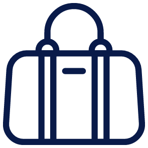 A navy blue illustration of a backpack with straps and a front pocket.