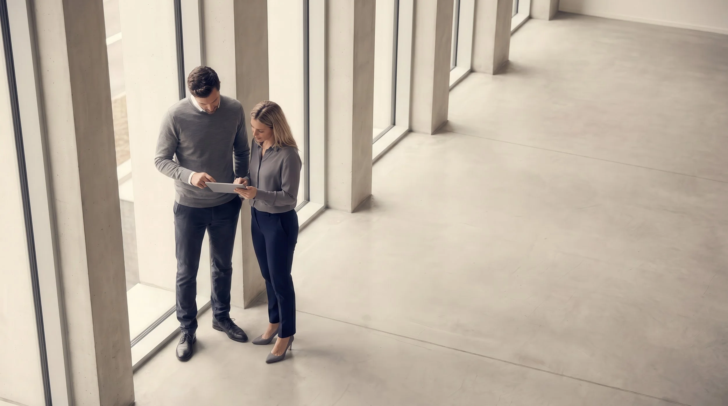 A man and woman looking at a tablet while standing by large windows in a modern, open indoor space.