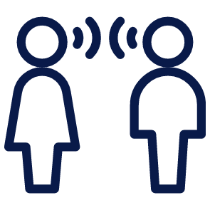Icon of a woman and a man standing apart with a double-headed arrow between them indicating social distancing.