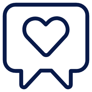 A black and dark blue icon of a speech bubble with a heart inside.