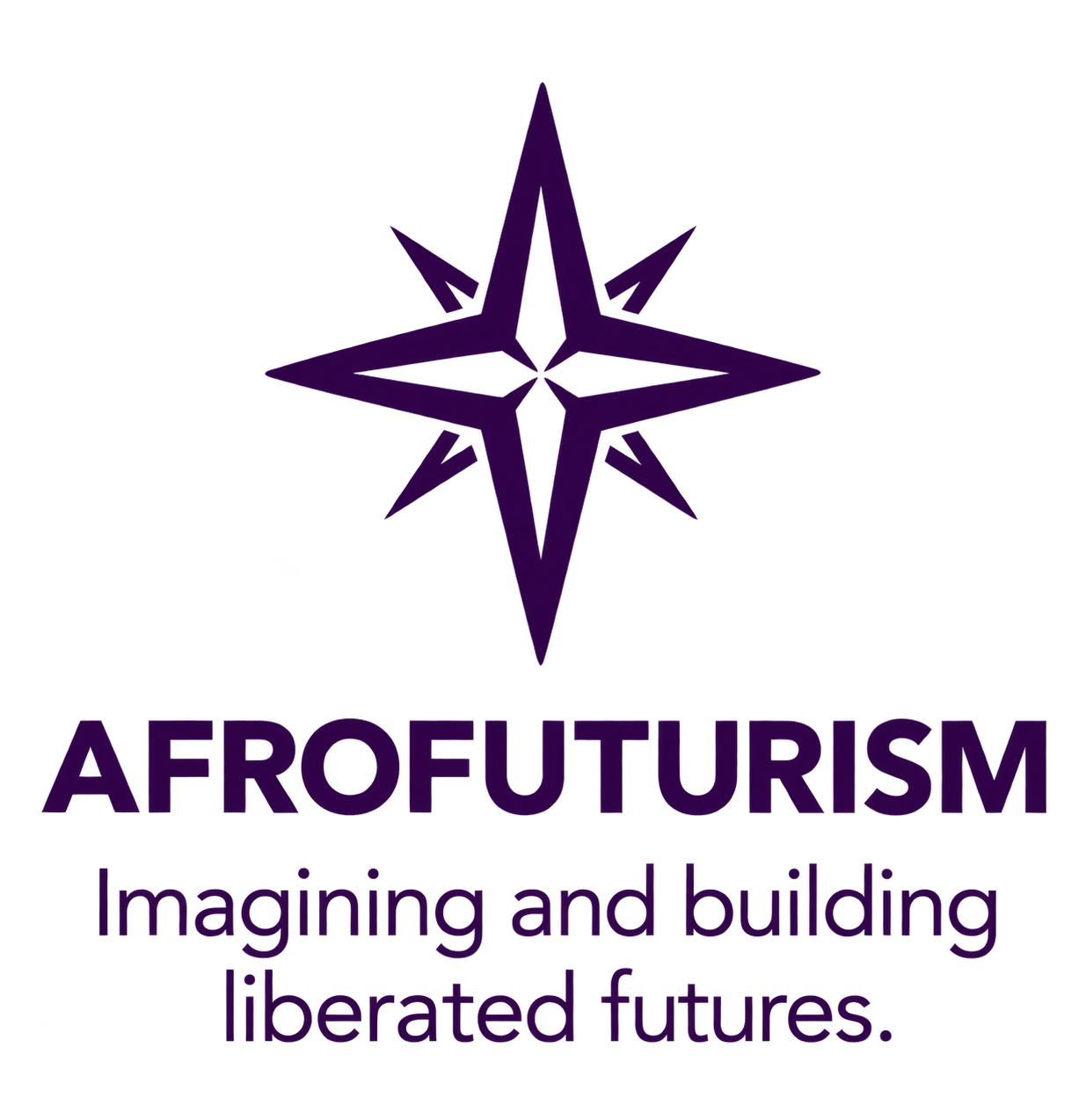 A purple star-shaped logo with a black background, accompanied by the text 'AFROFUTURISM' and the phrase 'Imagining and building liberated futures.'