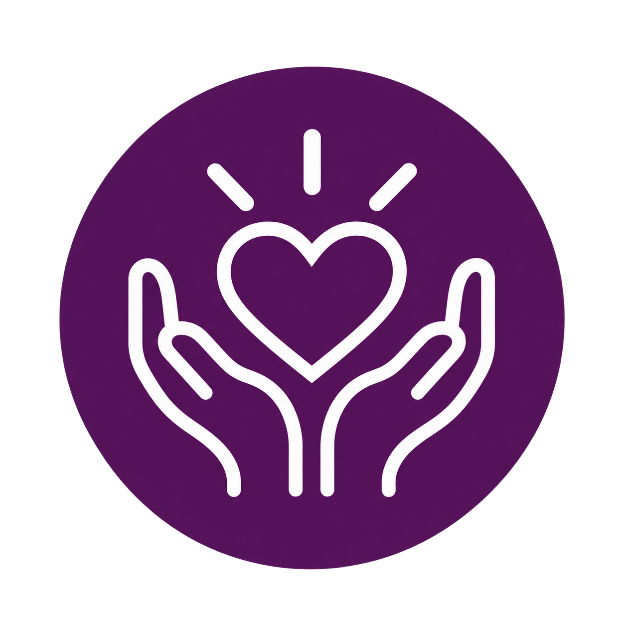 Neon icon of two hands holding a heart on a purple circular background.