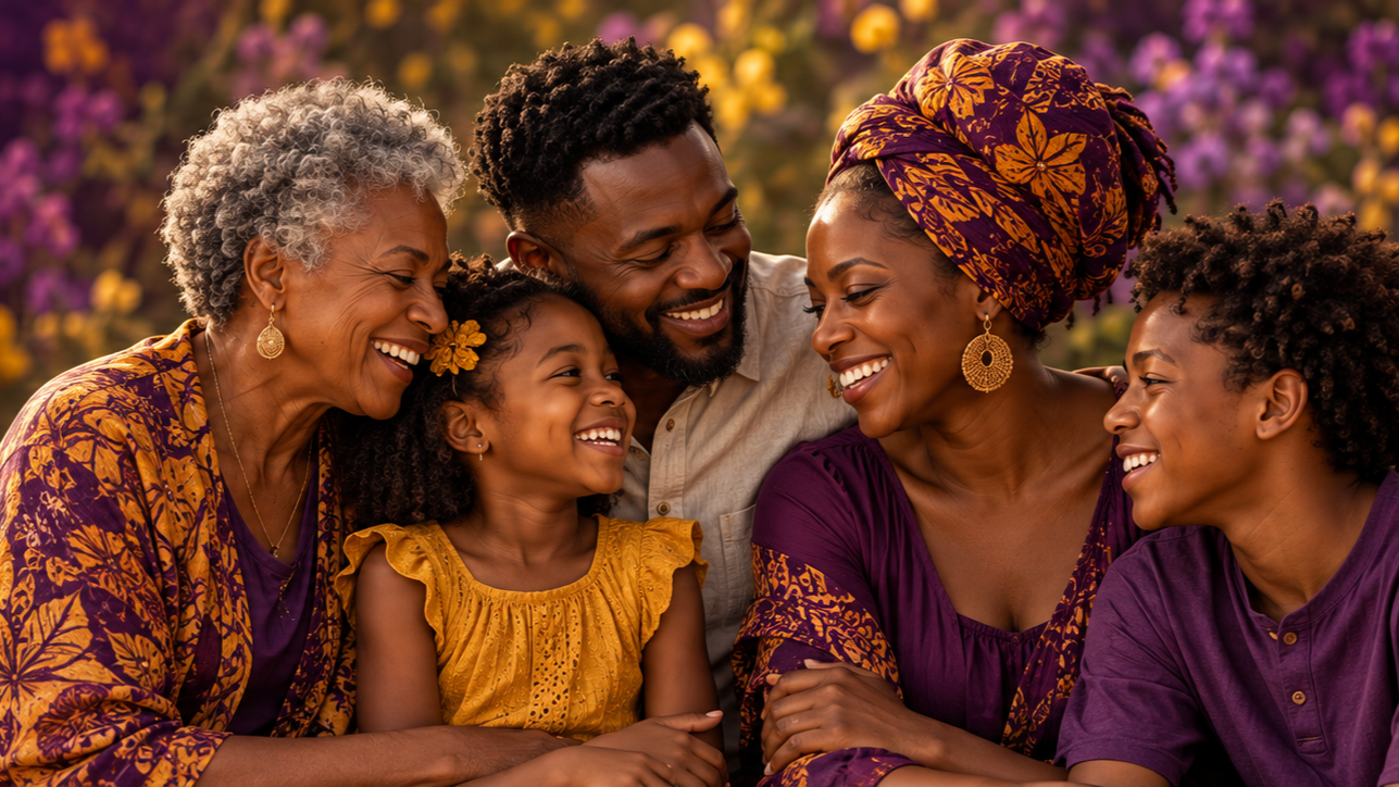 Family of five, including an elderly woman, two middle-aged women, a man, and a young girl, smiling and enjoying time together outdoors with colorful flowers in the background.