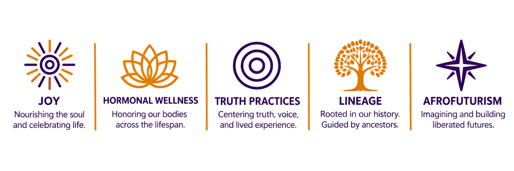 Infographic titled 'The five Pillars of Wellness' with icons and text for each pillar: Joy, Hormonal Wellness, Truth Practices, Legacy, and Afrofuturism.