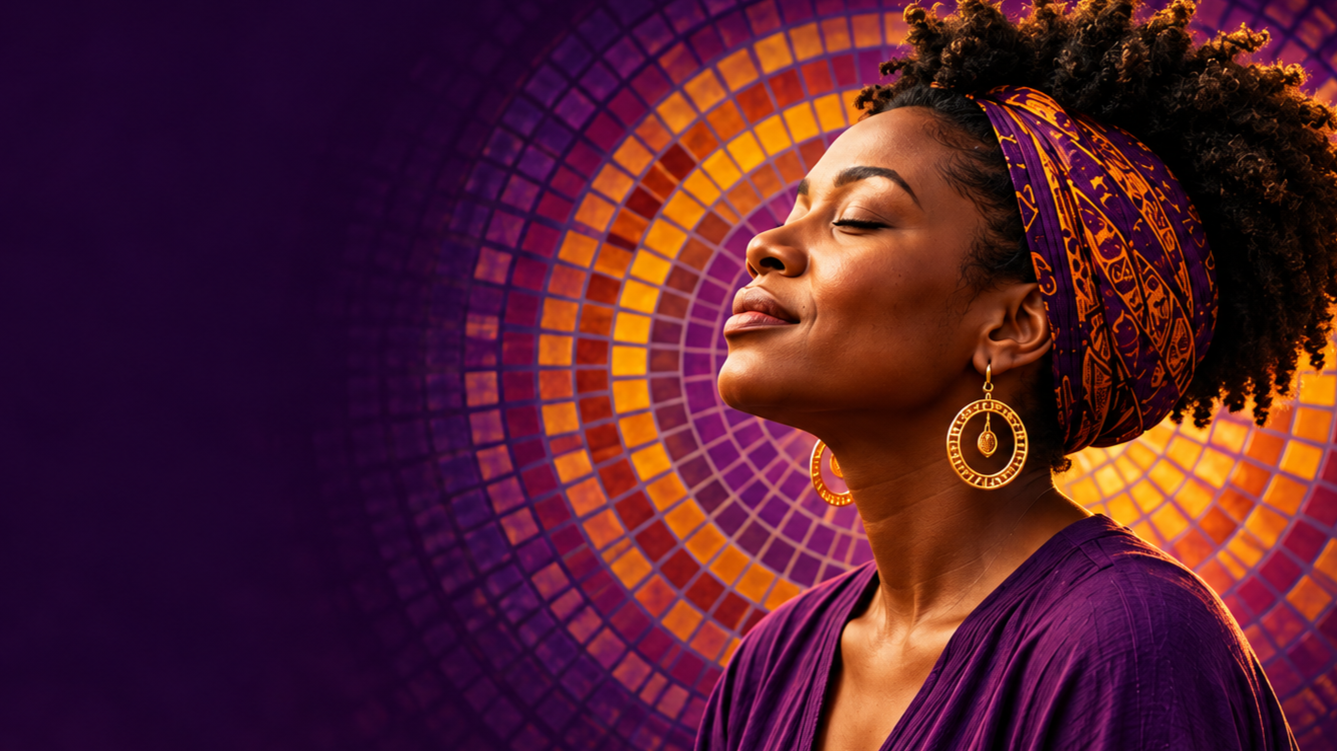 A woman with curly hair in a purple head wrap and matching purple top, standing with her eyes closed and a peaceful expression, in front of a vibrant, colorful mosaic background.