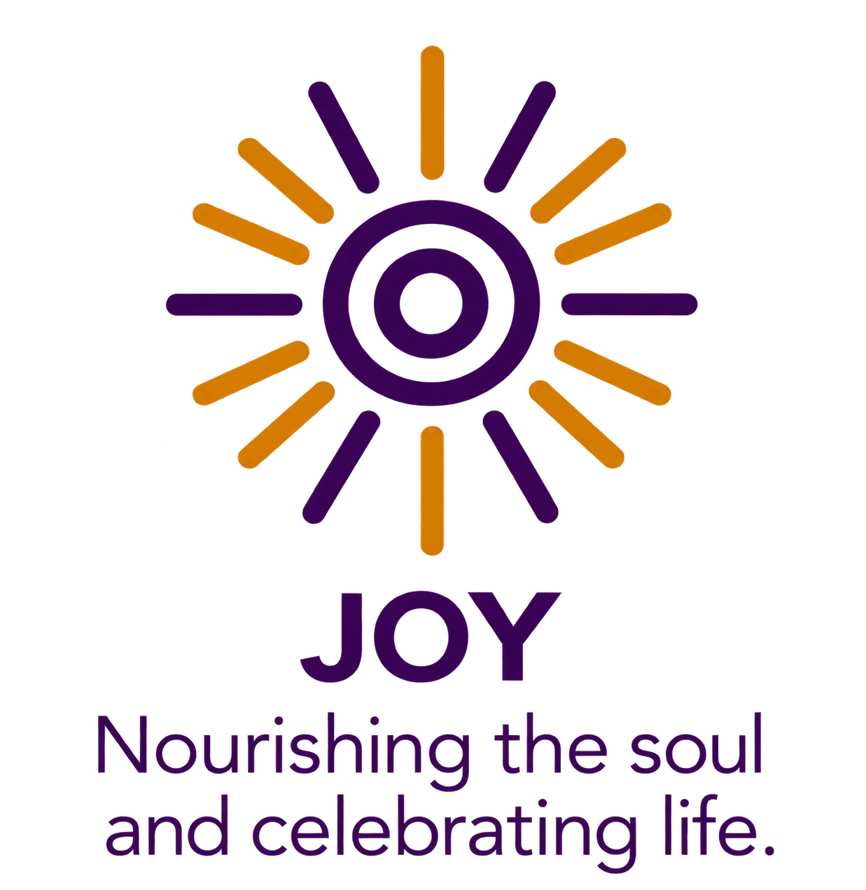 Stylized sun with orange and purple rays, the word 'JOY' below, and the phrase 'Nourishing the soul and celebrating life' at the bottom.