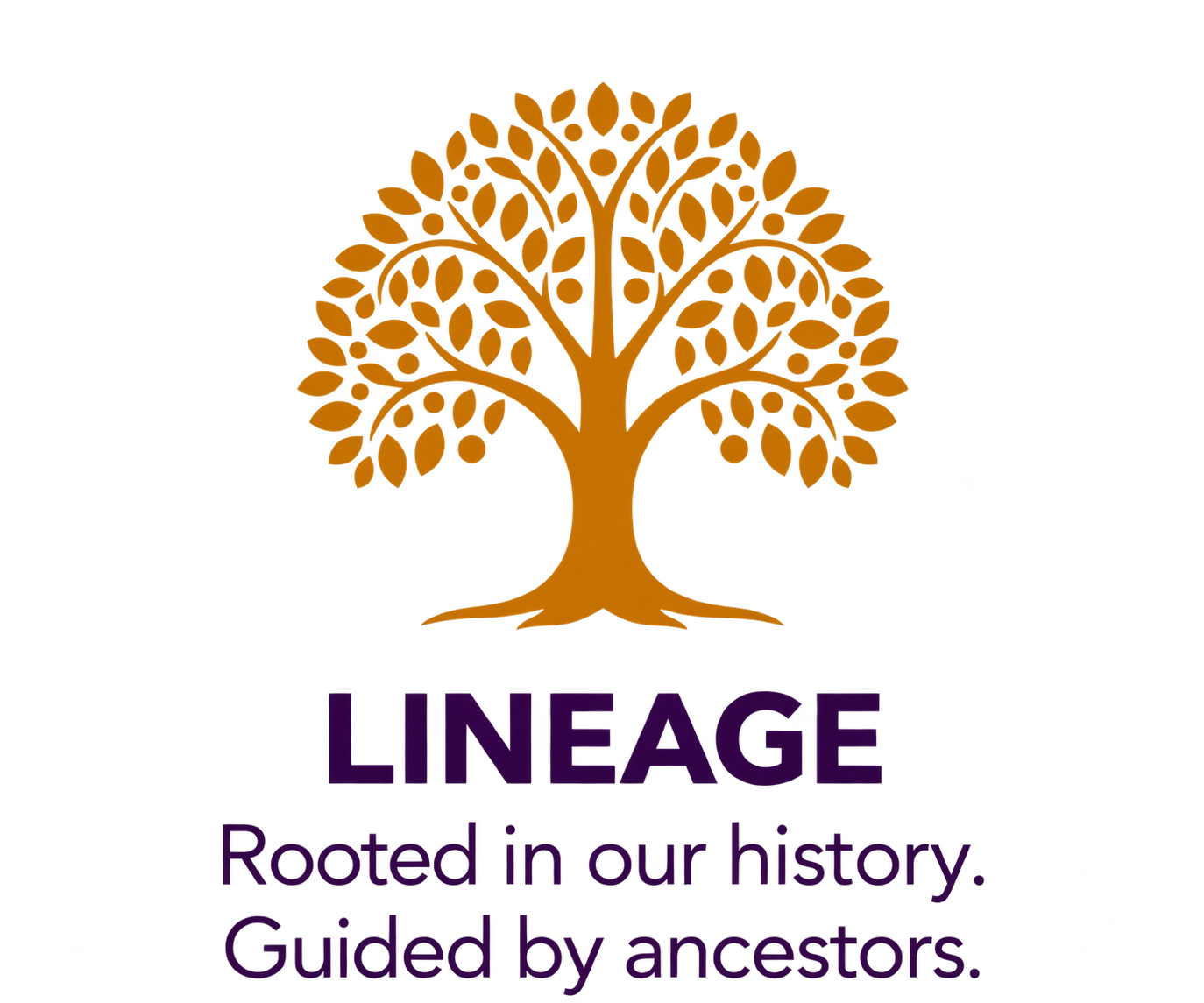 A graphic with a large orange tree with many leaves, the word 'CINEAGE' in purple below the tree, and the phrase 'Rooted in our history. Guided by ancestors.' underneath in purple.