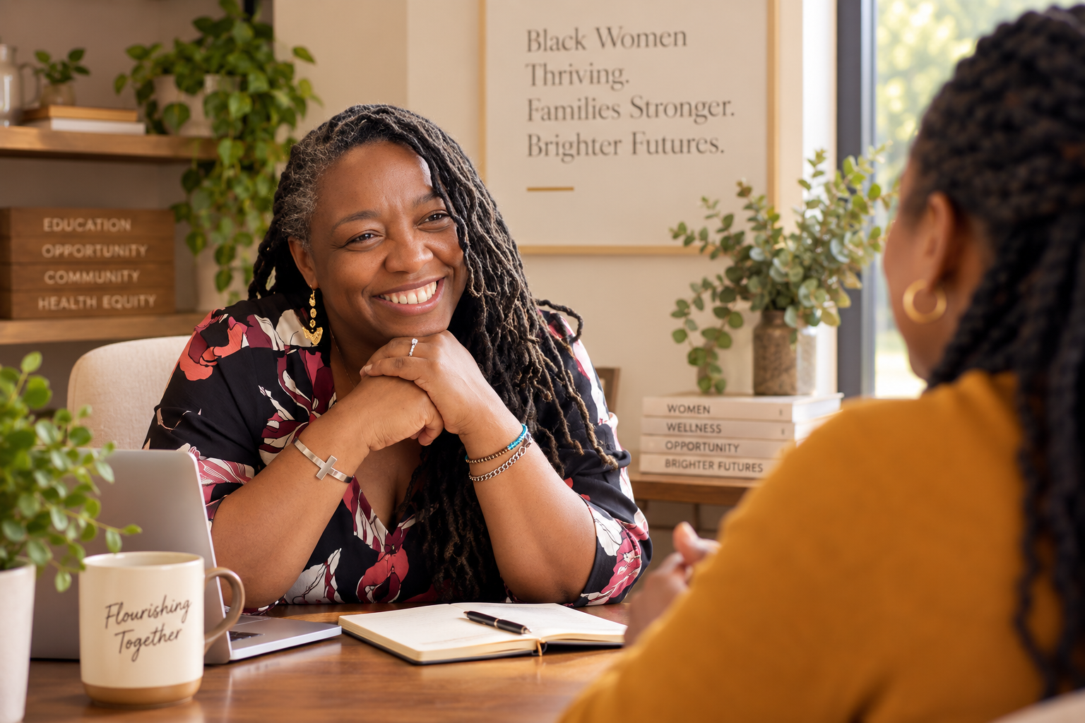 Two women having a conversation in an office workspace, with one smiling at the camera. There are plants, books, and posters with motivational messages about Black women's thriving and brighter futures in the background.