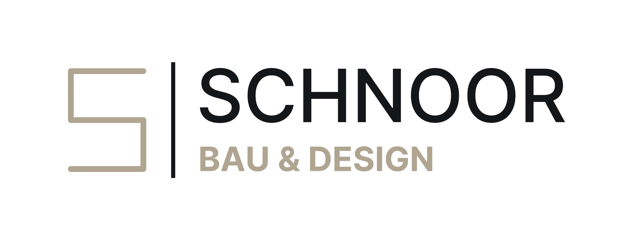 Logo für 'EN SCHNOR BAU & DESIGN', bestehend aus einer stilisierten eckigen Form auf der linken Seite und dem Text in schwarzen und beigen Buchstaben
