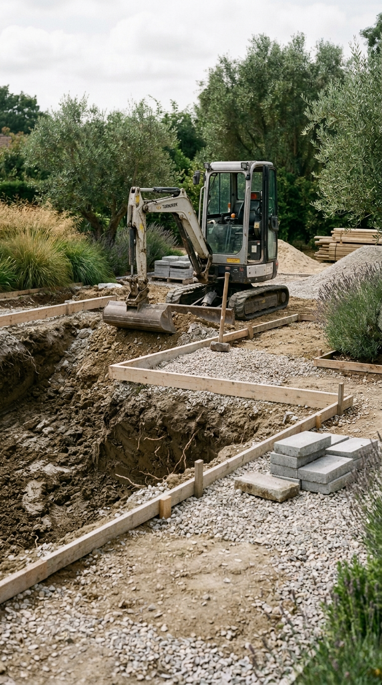 Baustelle im Garten mit Mini-Bagger, Holzrahmen für Pflasterarbeiten, Steinen und Baumsträuchern