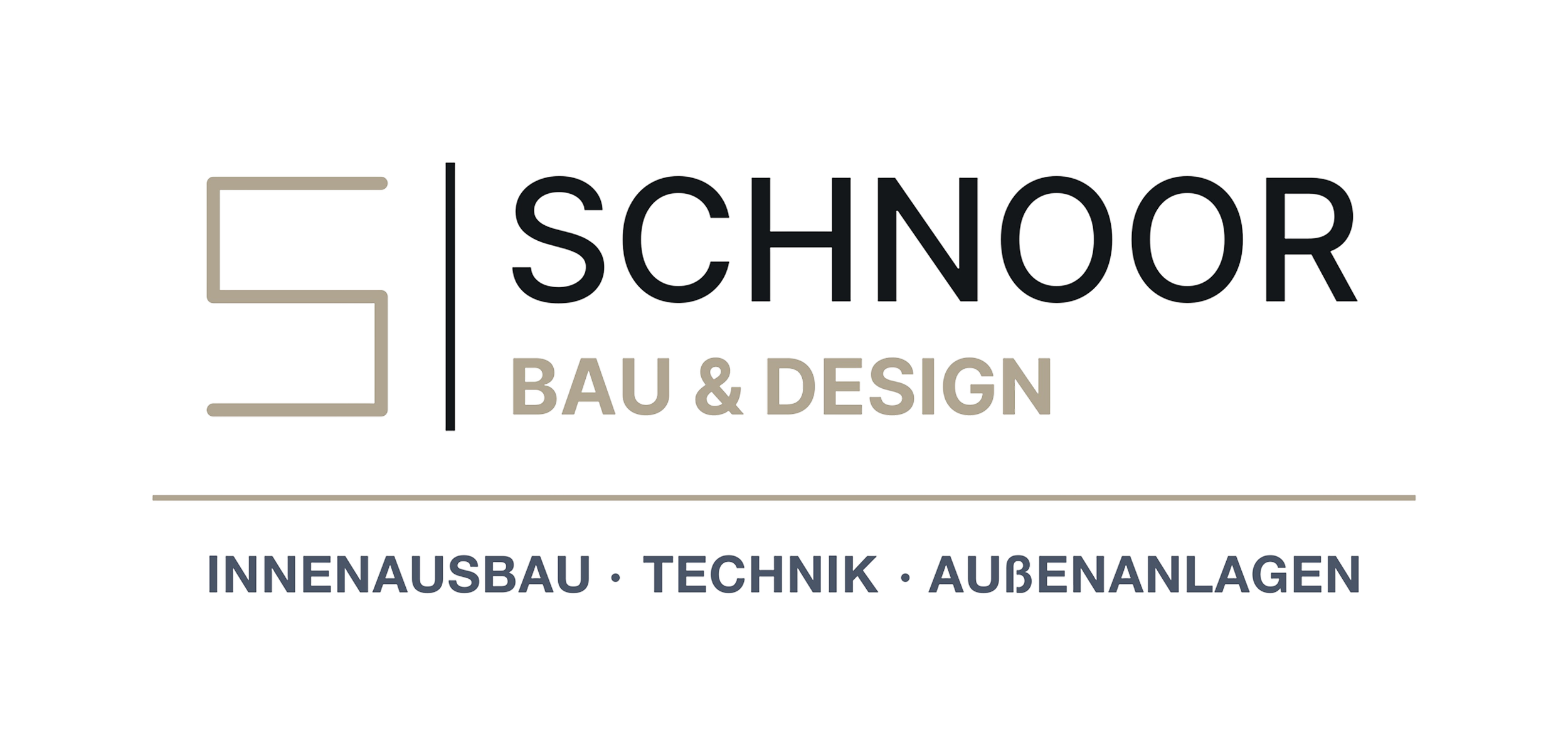 Logo für Schrauber Bau & Design mit Text und Linien in Schwarz, Grau, Blau und Beige.