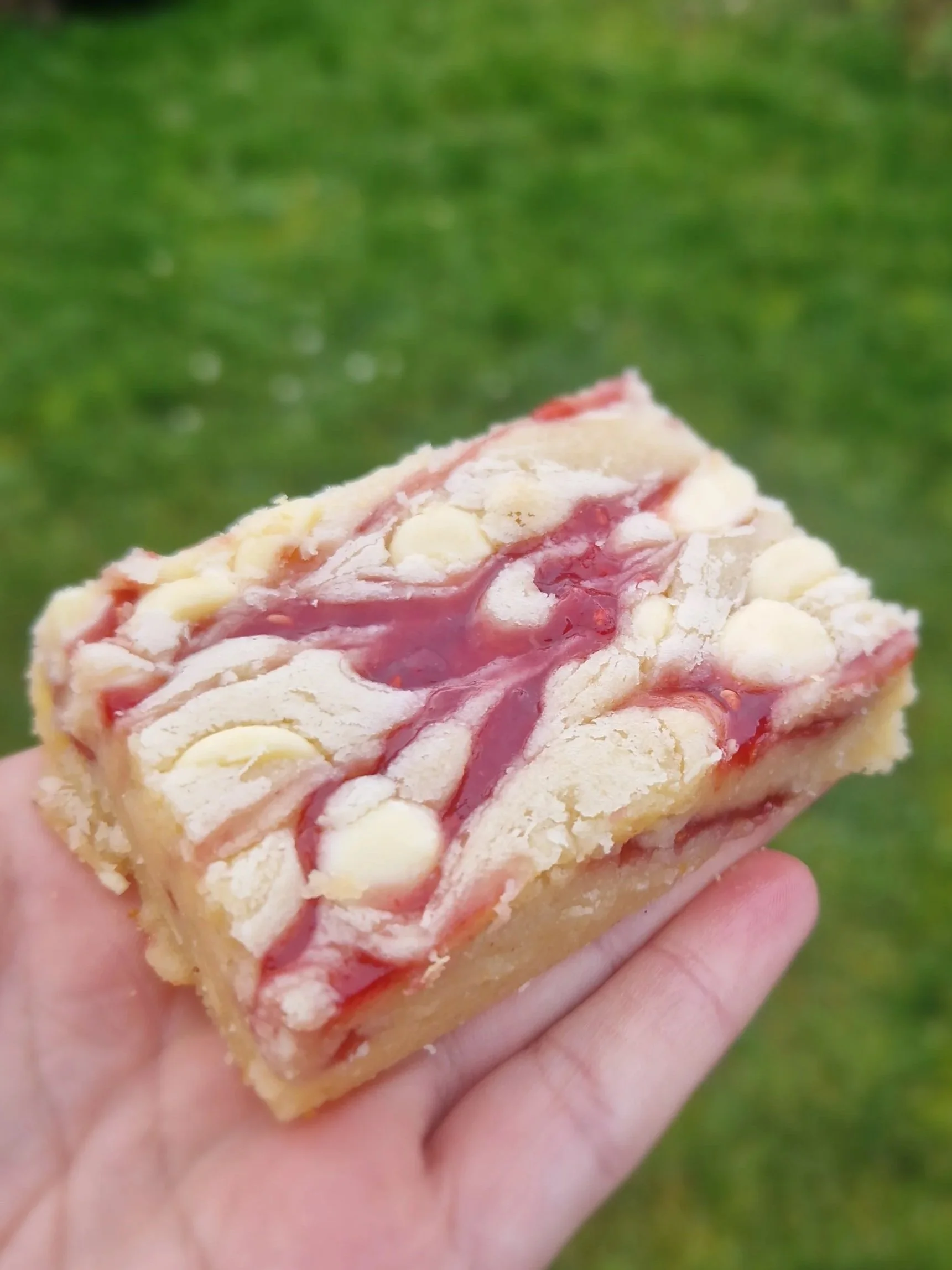 A hand holding a raspberry and white chocolate blondie. A treat with streaks of red jam, white marshmallows, with a grassy outdoor background.