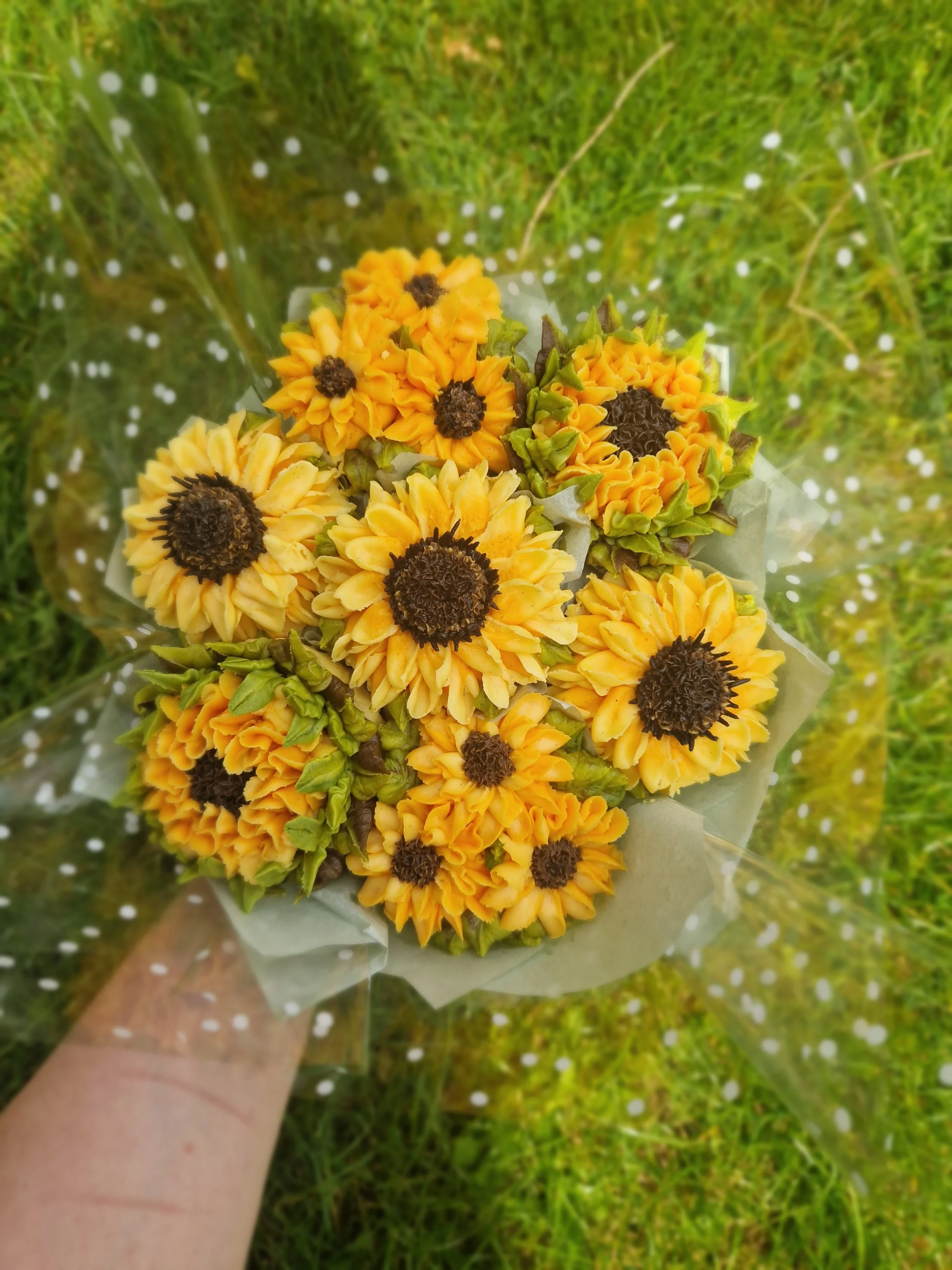 Cupcake Bouquet of yellow sunflowers with dark centers wrapped in clear plastic, held by a person's hand against a grassy background.