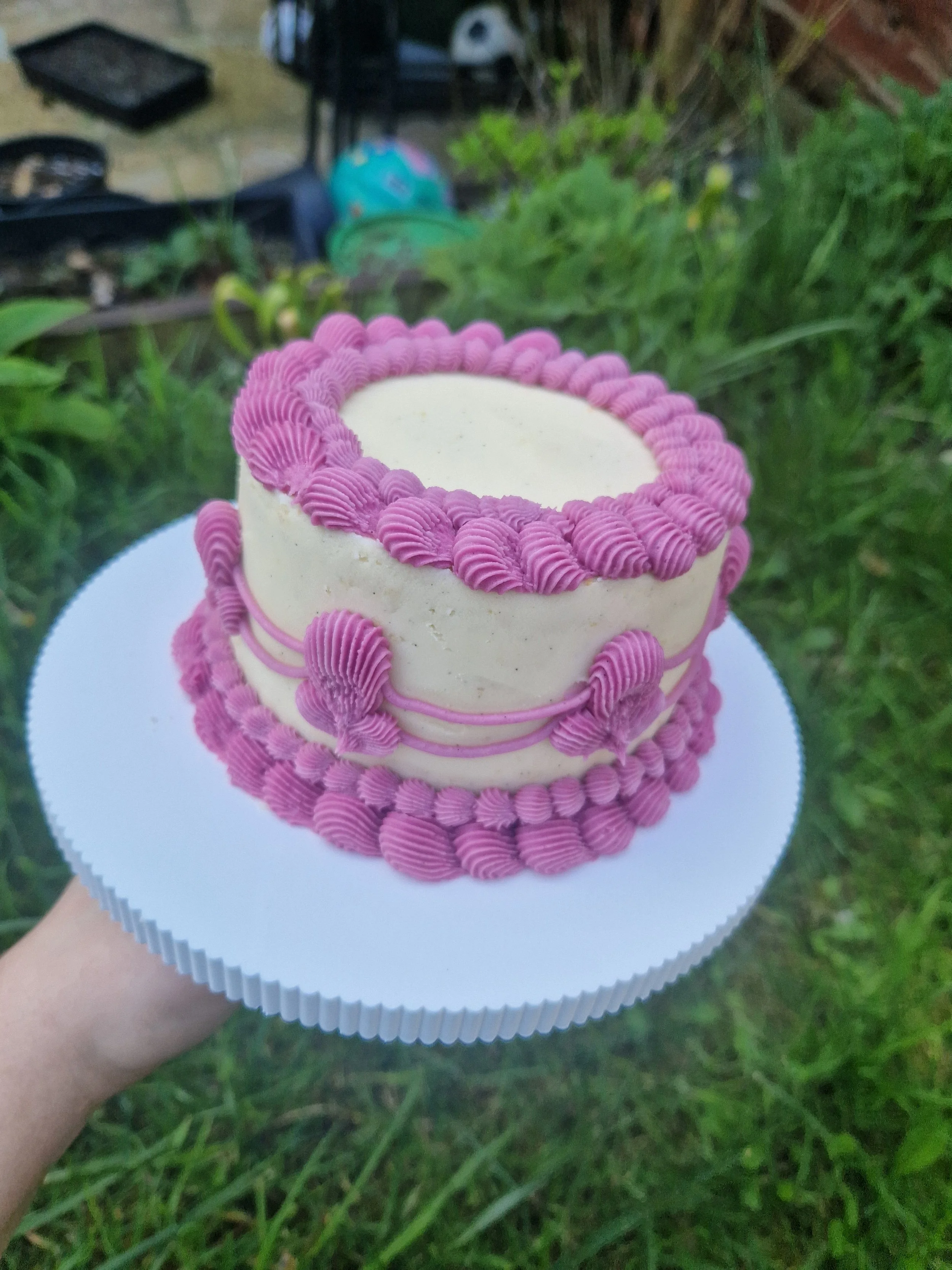 A small, round birthday cake with white frosting and pink piped decoration on top and around the sides, held outside against a green grassy background.
