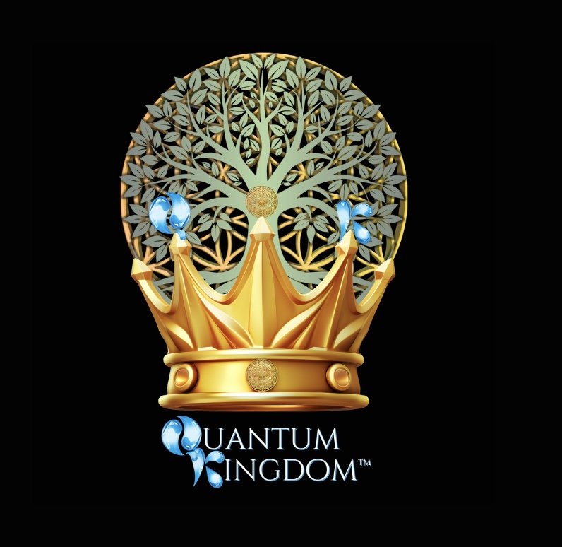 A golden crown with blue gemstones, over a tree with many leaves, and the words 'Quantum Kingdom' with a stylized blue qubit symbol underneath.