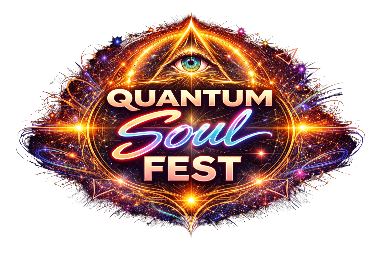 Colorful logo for Quantum Soul Fest featuring a central eye within an illuminated pyramid, surrounded by vibrant abstract light patterns and sparkles.