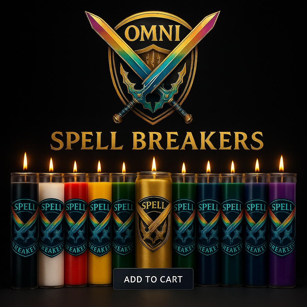A collection of lit candles in black, white, red, yellow, green, gold, dark green, blue, and purple, each with a label featuring a sword and shield design and the words "Spell Breakers." Above the candles, a logo with crossed colorful swords, a shield, and the words "OMNI" and "Spell Breakers" is displayed on a black background.
