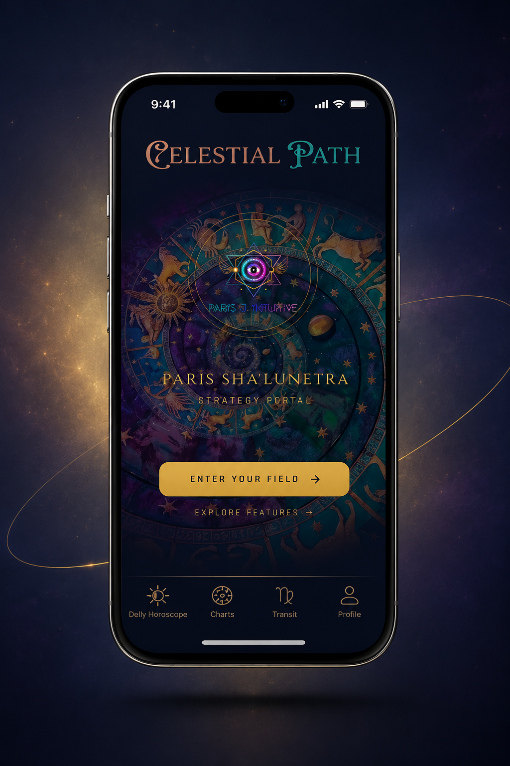 Mobile phone displaying an astrology app called Celestial Path, with zodiac signs and a decorative design on the screen.